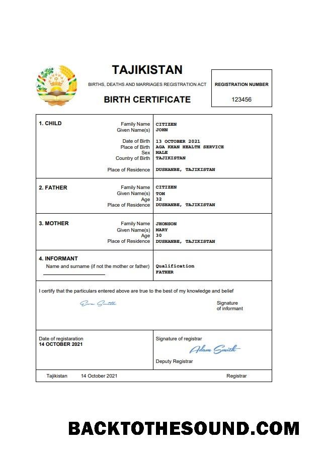 İndir Tacikistan vital record doğum Sertifika Word and PDF Örnek örnek