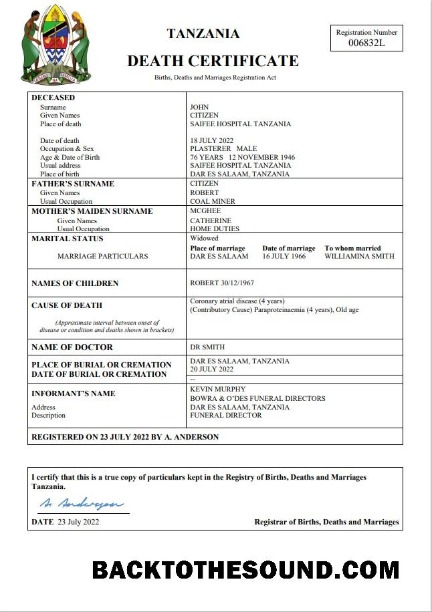 İndir Tanzanya vital record ölüm Sertifika Word and PDF Örnek ön izleme