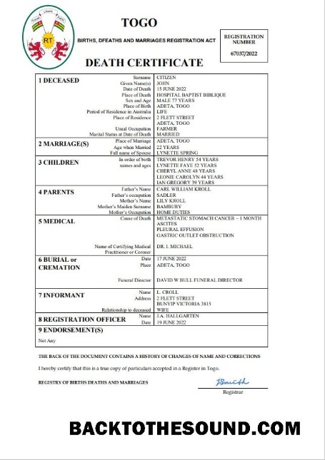 İndir Togo vital record ölüm Sertifika Word and PDF Örnek ön izleme