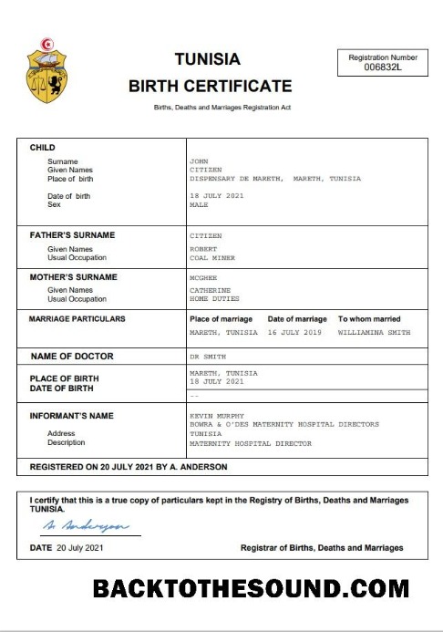 İndir Tunus vital record doğum Sertifika Word and PDF Örnek tasarım