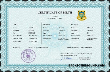 İndir Tuvalu vital record doğum Sertifika PSD Örnek şablon