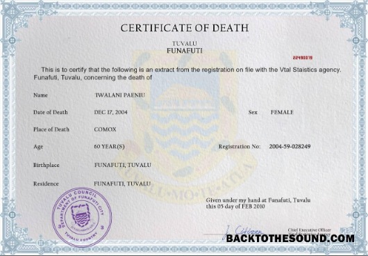İndir Tuvalu vital record ölüm Sertifika PSD Örnek şablon