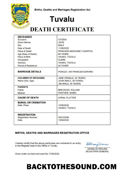 İndir Tuvalu vital record ölüm Sertifika Word and PDF Örnek tasarım