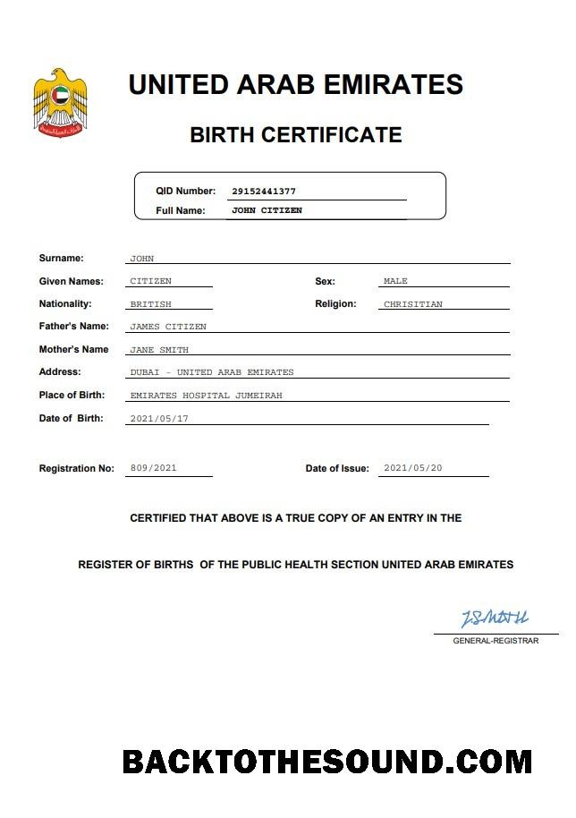 İndir BAE vital record doğum Sertifika Word and PDF Örnek örnek