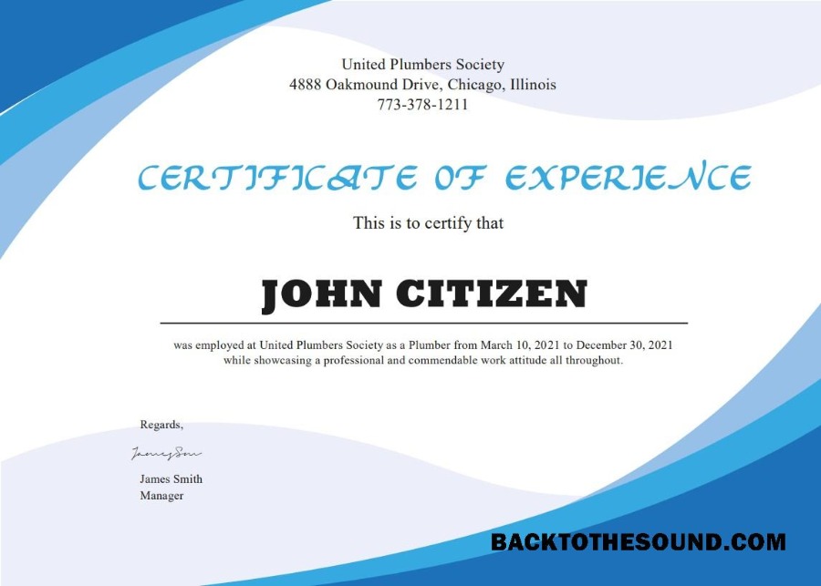İndir ABD Plumbing Experience cert Örnek şablon