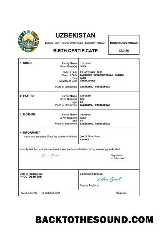 İndir Özbekistan vital record doğum Sertifika Word and PDF Örnek taslak