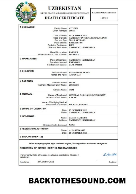 İndir Özbekistan vital record ölüm Sertifika Word and PDF Örnek tasarım