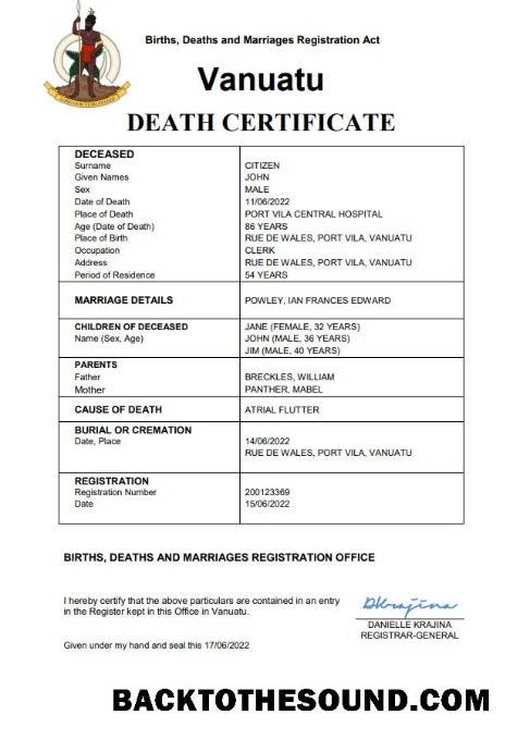 İndir Vanuatu ölüm Sertifika Word and PDF Örnek ön izleme