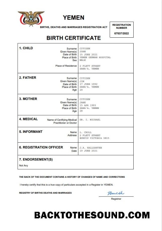 İndir Yemen vital record doğum Sertifika Word and PDF Örnek ön izleme