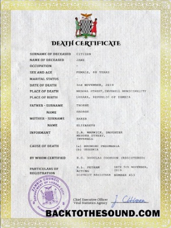 İndir Zambiya vital record ölüm Sertifika PSD Örnek taslak