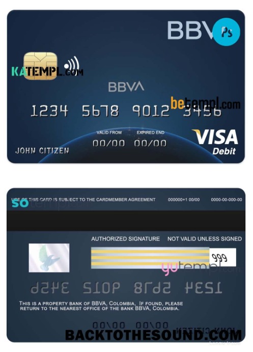 Λήψη Κολομβία BBVA Τράπεζα Βίζα Χρέωση Κάρτα in PSD Μορφή, fully Επεξεργάσιμο Δείγμα σχεδιασμό