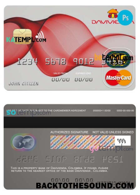 Λήψη Κολομβία Davivienda Τράπεζα Mastercard Πίστωση Κάρτα in PSD Μορφή, fully Επεξεργάσιμο Δείγμα προεπισκόπηση