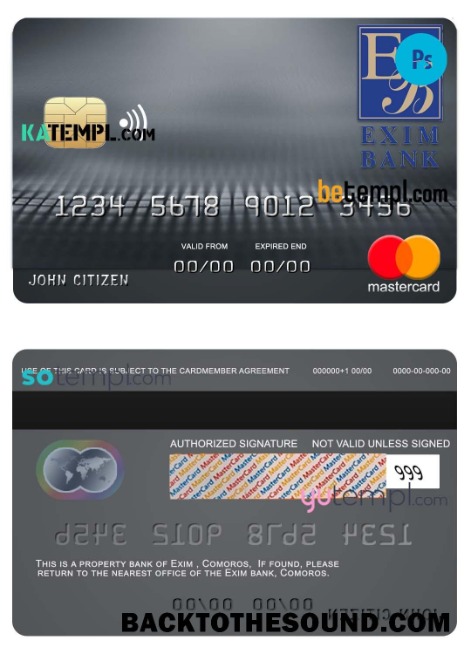 Λήψη Κομόρες Exim Τράπεζα Mastercard Πίστωση Κάρτα in PSD Μορφή, fully Επεξεργάσιμο Δείγμα προεπισκόπηση