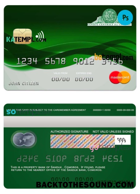 Λήψη Κομόρες Sanduk Τράπεζα Mastercard Πίστωση Κάρτα in PSD Μορφή, fully Επεξεργάσιμο Δείγμα δείγμα