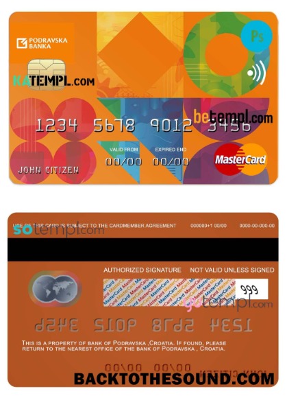 Λήψη Κροατία Podravska Τράπεζα Mastercard Πίστωση Κάρτα in PSD Μορφή, fully Επεξεργάσιμο Δείγμα σχεδιασμό