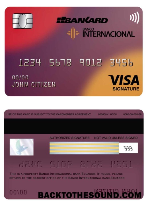 Λήψη Ισημερινός Banco Internacional Τράπεζα Βίζα Υπογραφή Κάρτα Οθόνη Δείγμα σχεδιασμό