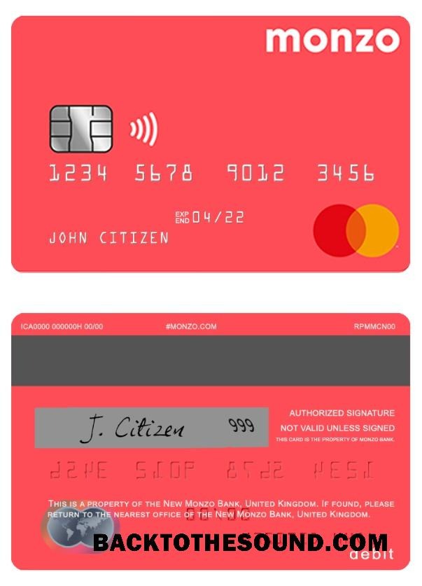 Λήψη Ηνωμένο Βασίλειο Monzo Τράπεζα Χρέωση Mastercard Δείγμα προεπισκόπηση