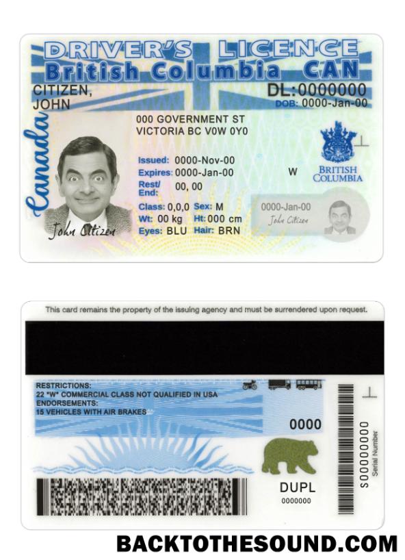 Scarica Canada British Columbia Patente di guida Nuovo Versione scr Campione campione