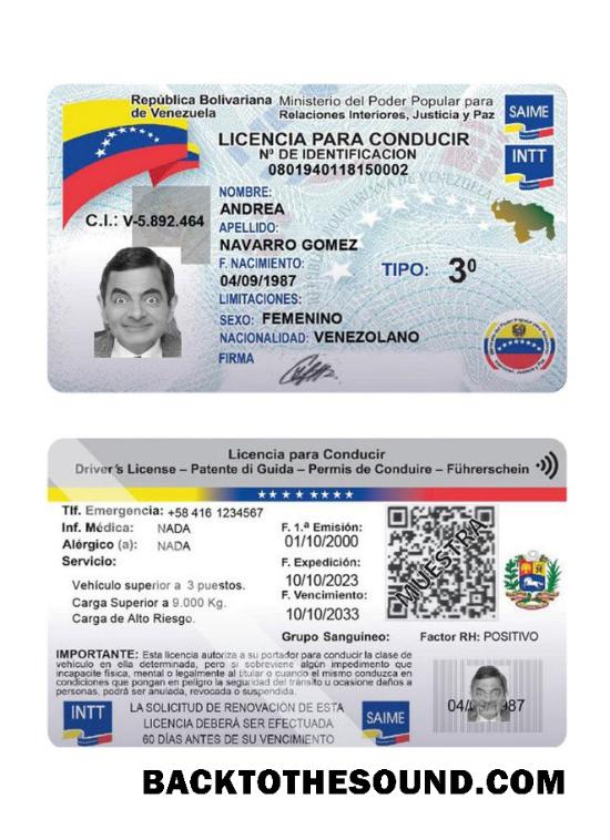 Scarica Venezuela Patente di guida 2023 Presente Campione design