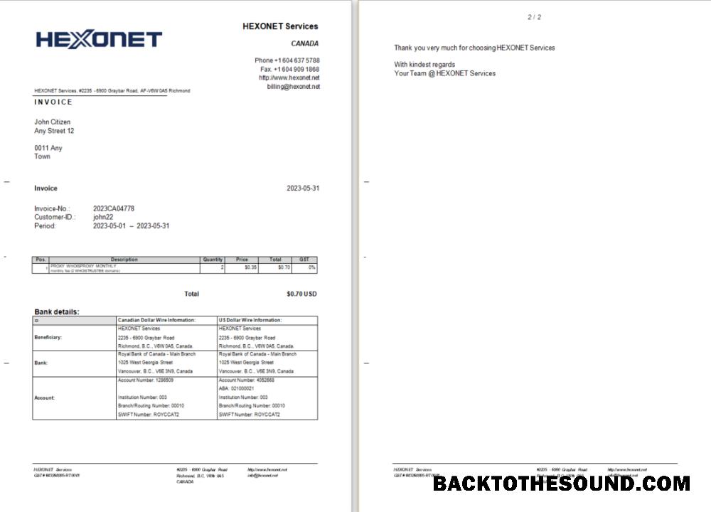 İndir Kanada Hexonet Services Fatura Word and PDF Örnek ön izleme