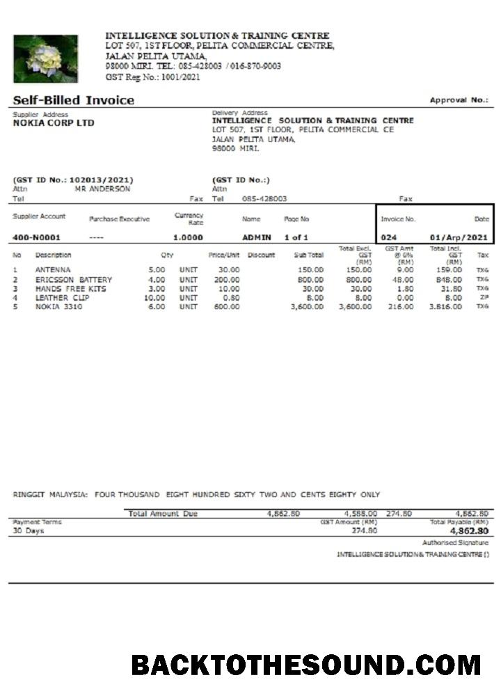 İndir Malezya Intelligence Solution & Training Centre self billed Fatura Örnek örnek