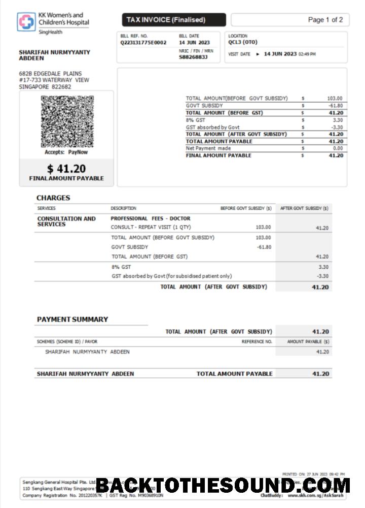 İndir Singapur KK Hospital Vergi Fatura Word and PDF Örnek taslak