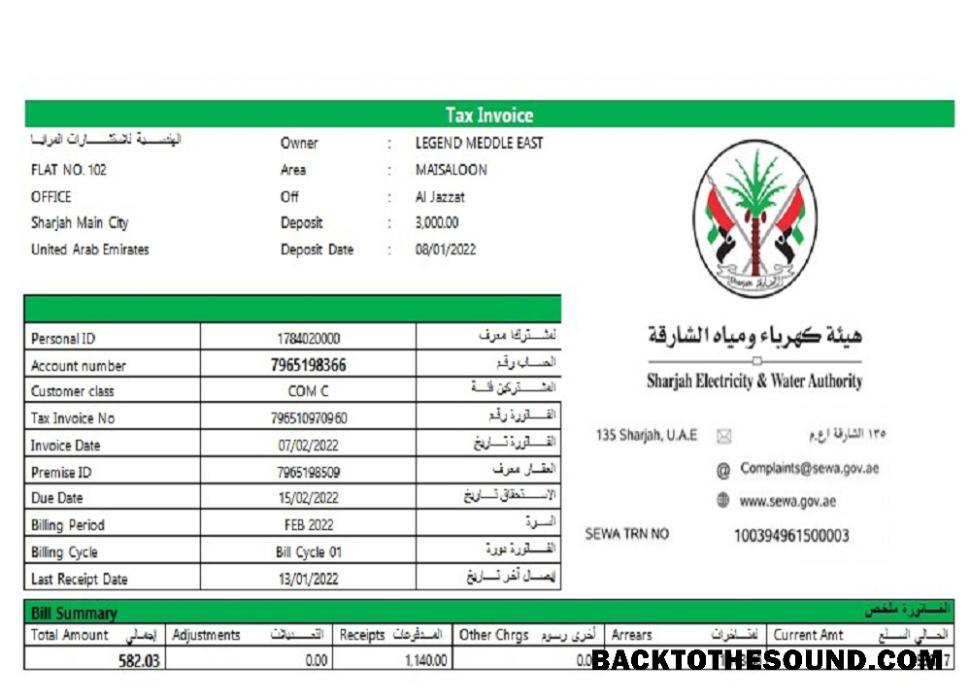 İndir BAE Sharjah Elektrik & Su Authority Vergi Fatura Örnek taslak