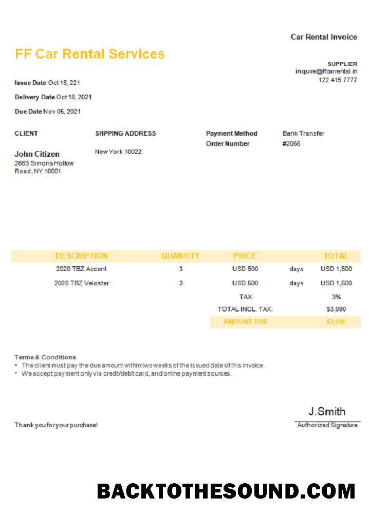 İndir ABD FF Car Rental Services Fatura Örnek örnek