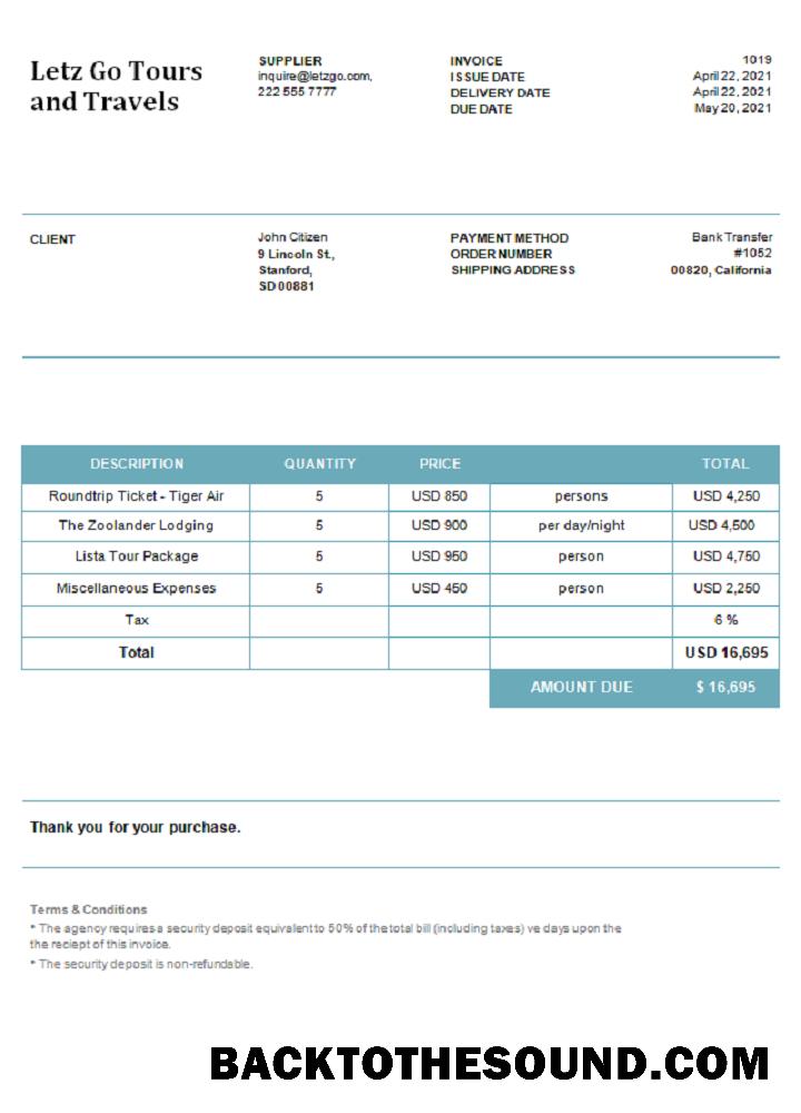 İndir ABD Letz Go Tours and Travels Fatura Örnek ön izleme
