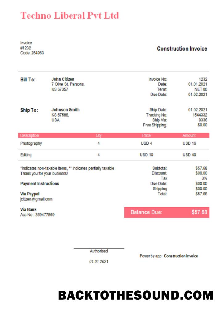 İndir ABD Techno Liberal Pvt Ltd Fatura Örnek ön izleme