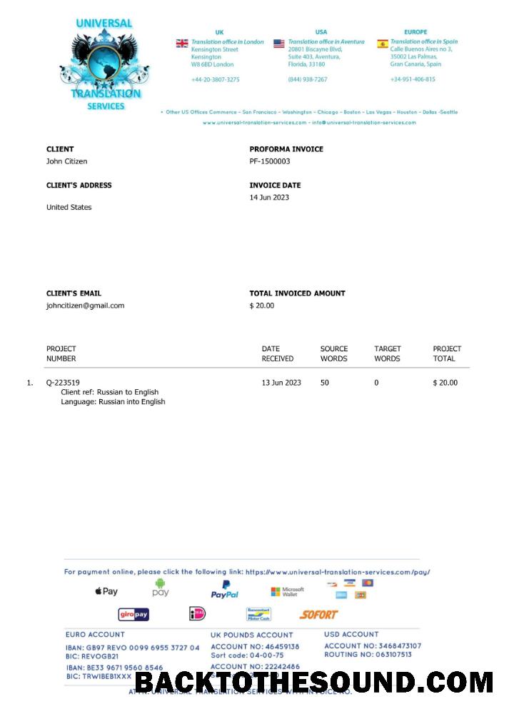 İndir ABD Universal Translation Services Fatura Word and PDF Örnek örnek