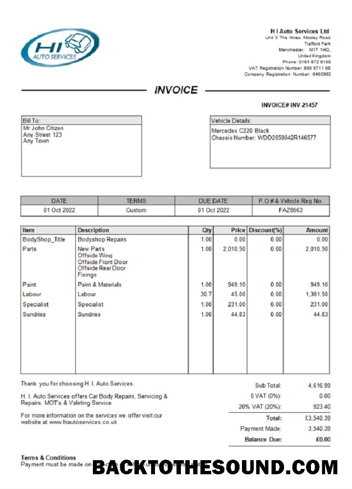 İndir Birleşik Krallık H I Auto Services Ltd Örnek şablon
