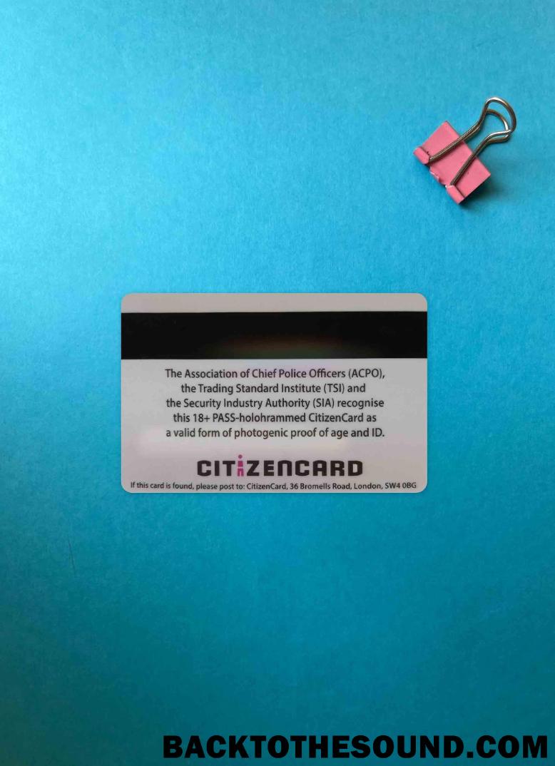 Λήψη Ηνωμένο Βασίλειο Pass CitizenCard (proof of age Κάρτα) φωτο-εμφάνιση Πίσω Δείγμα δείγμα