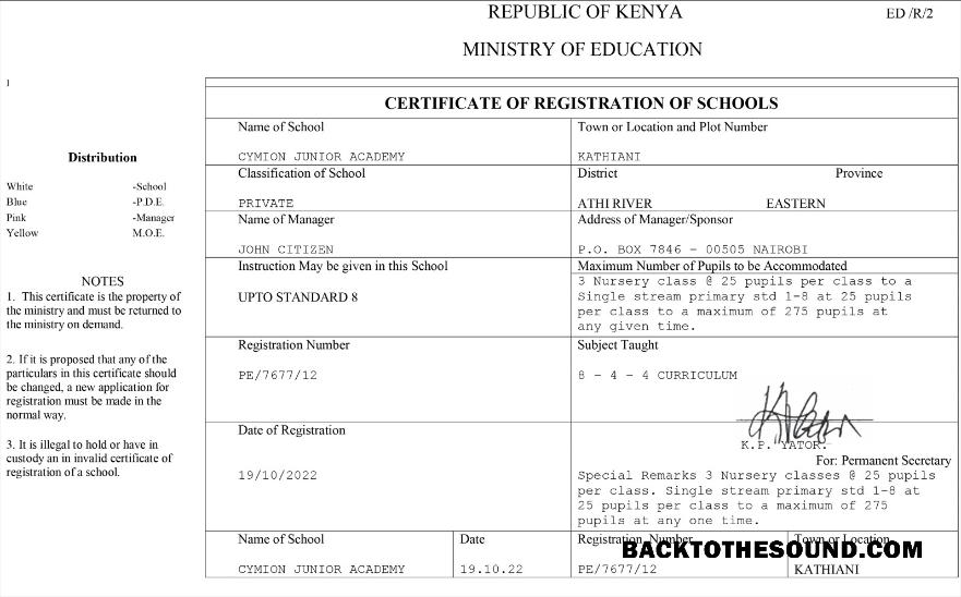 İndir Kenya Sertifika of kayıt of schools Örnek örnek