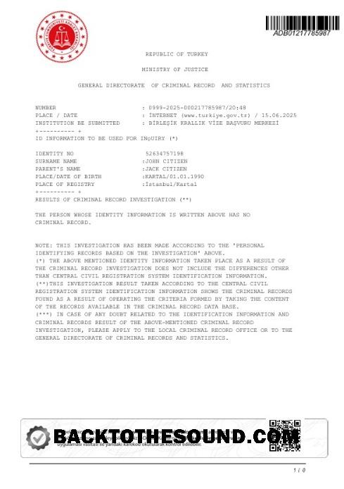 İndir Türkiye Ministry of Justice Criminal Record Sertifika Örnek örnek