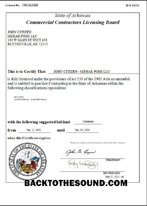 İndir ABD Arkansas ticari Contractors Belgesi Örnek taslak