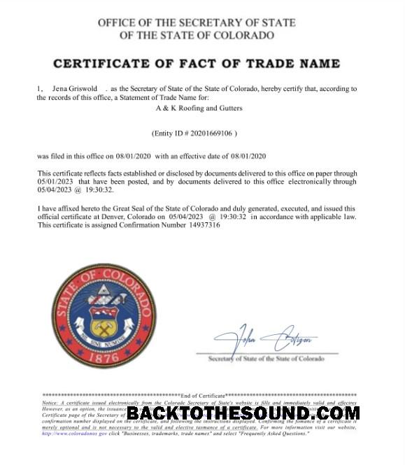 İndir ABD Colorado Sertifika of fact of trade name Örnek tasarım