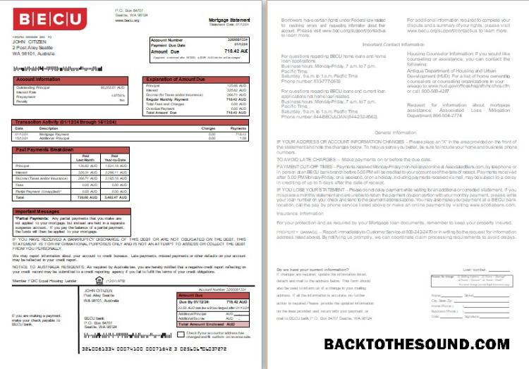 İndir Avustralya BECU Banka İpotek Hesap Özeti, 2 pages, 1 2 scr Örnek örnek