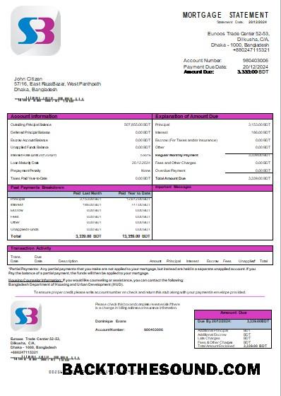 İndir Bangladeş SB Banka İpotek Hesap Özeti scr Örnek şablon