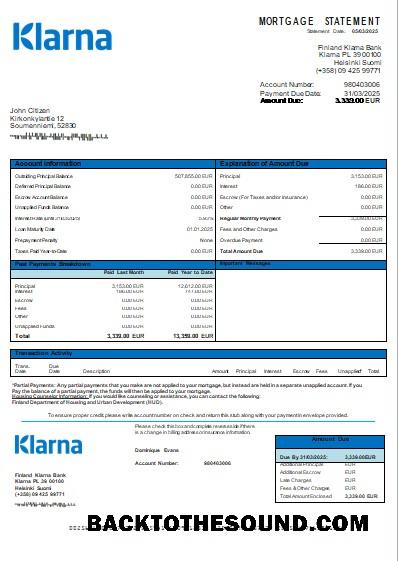 İndir Finlandiya Klarna Banka Banka İpotek Hesap Özeti scr Örnek ön izleme
