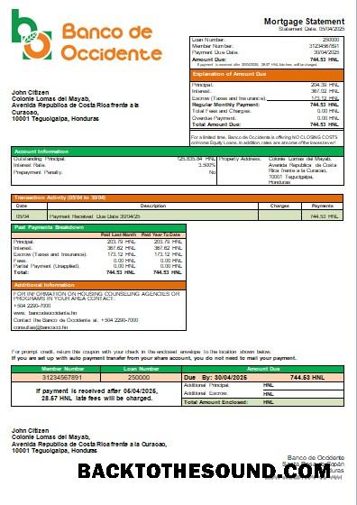 İndir Honduras Banco de Occidente Banka İpotek Hesap Özeti scr Örnek ön izleme