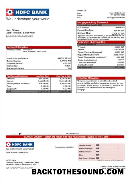 İndir Hindistan HDFC Banka İpotek Hesap Özeti Word and PDF Örnek tasarım