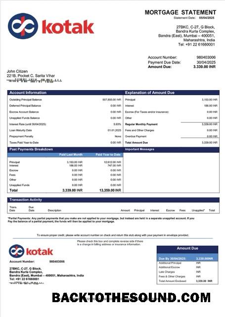 İndir Hindistan Kotak Mahindra Banka İpotek Hesap Özeti Word and PDF Örnek tasarım