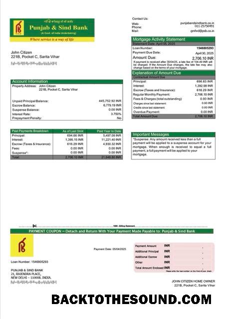 İndir Hindistan Punjab & Sind Banka İpotek Hesap Özeti Word and PDF Örnek taslak