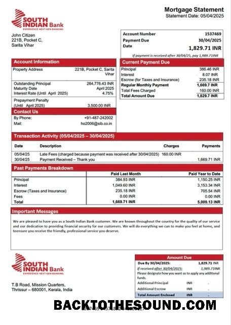 İndir Hindistan South Indian Banka İpotek Hesap Özeti Word and PDF Örnek şablon