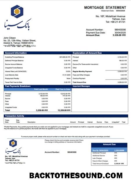 İndir İran Sina Banka İpotek Hesap Özeti Word and PDF Örnek şablon