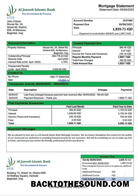 İndir Irak Al Janoob Islamic Banka İpotek Hesap Özeti Word and PDF Örnek ön izleme