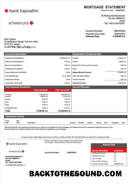 İndir İsrail Banka Hapoalim İpotek Hesap Özeti Word and PDF Örnek şablon
