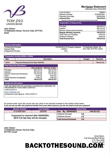 İndir İsrail birlik Banka (Banka Igud) İpotek Hesap Özeti Word and PDF Örnek ön izleme