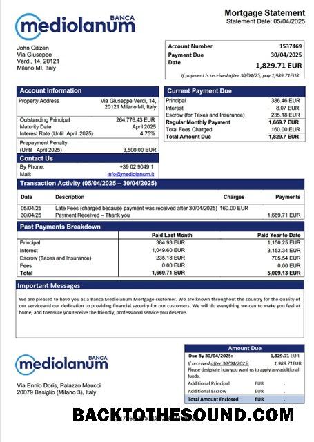 İndir İtalya Banca Mediolanum İpotek Hesap Özeti Word and PDF Örnek şablon
